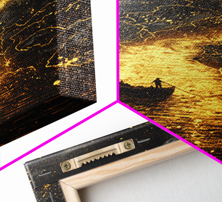 Mythical Boat Journey Artwork, Celestial Golden Map Wall Art, Canvas Gold Canvas Print, Real Wood Frame, Mystical Decor