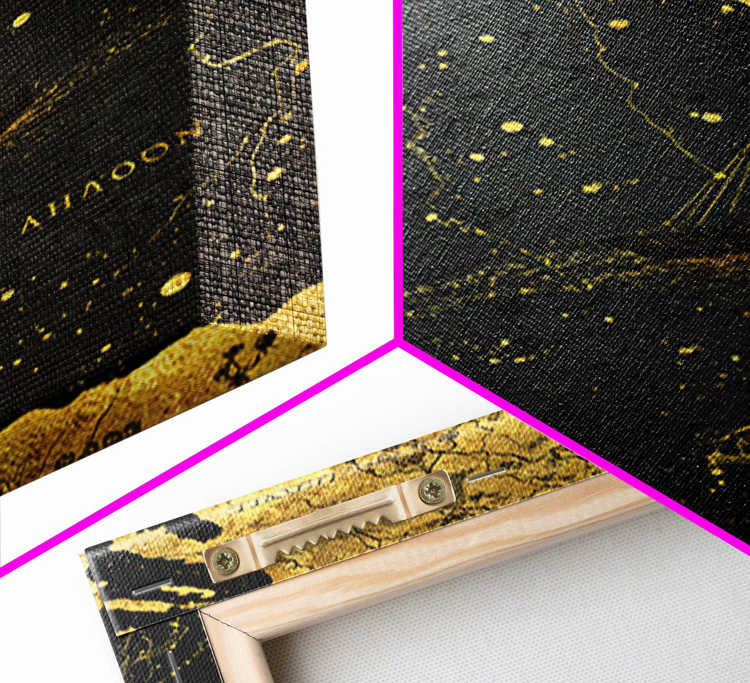 Golden Voyage Map Artwork, Ancient Nautical Journey Wall Art, Canvas Gold Canvas Print, Real Wood Frame, Mythical Decor