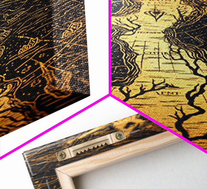 Ancient River Map Artwork, Mythical Golden Waterways Wall Art, Canvas Gold Canvas Print, Real Wood Frame, Esoteric Decor