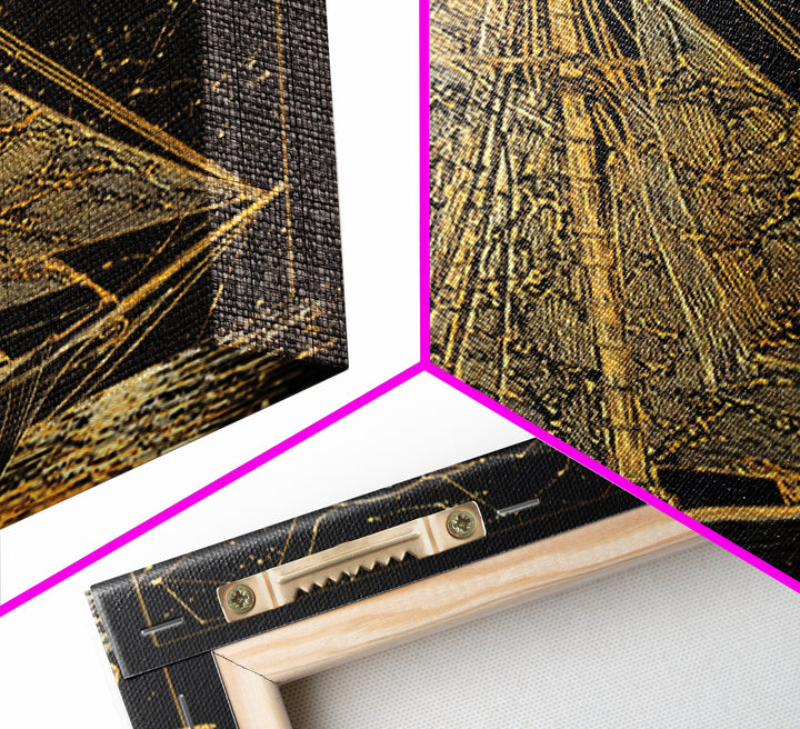 Golden Sailboat Artwork, Mythical Nautical Journey Wall Art, Canvas Gold Canvas Print, Real Wood Frame, Celestial Decor