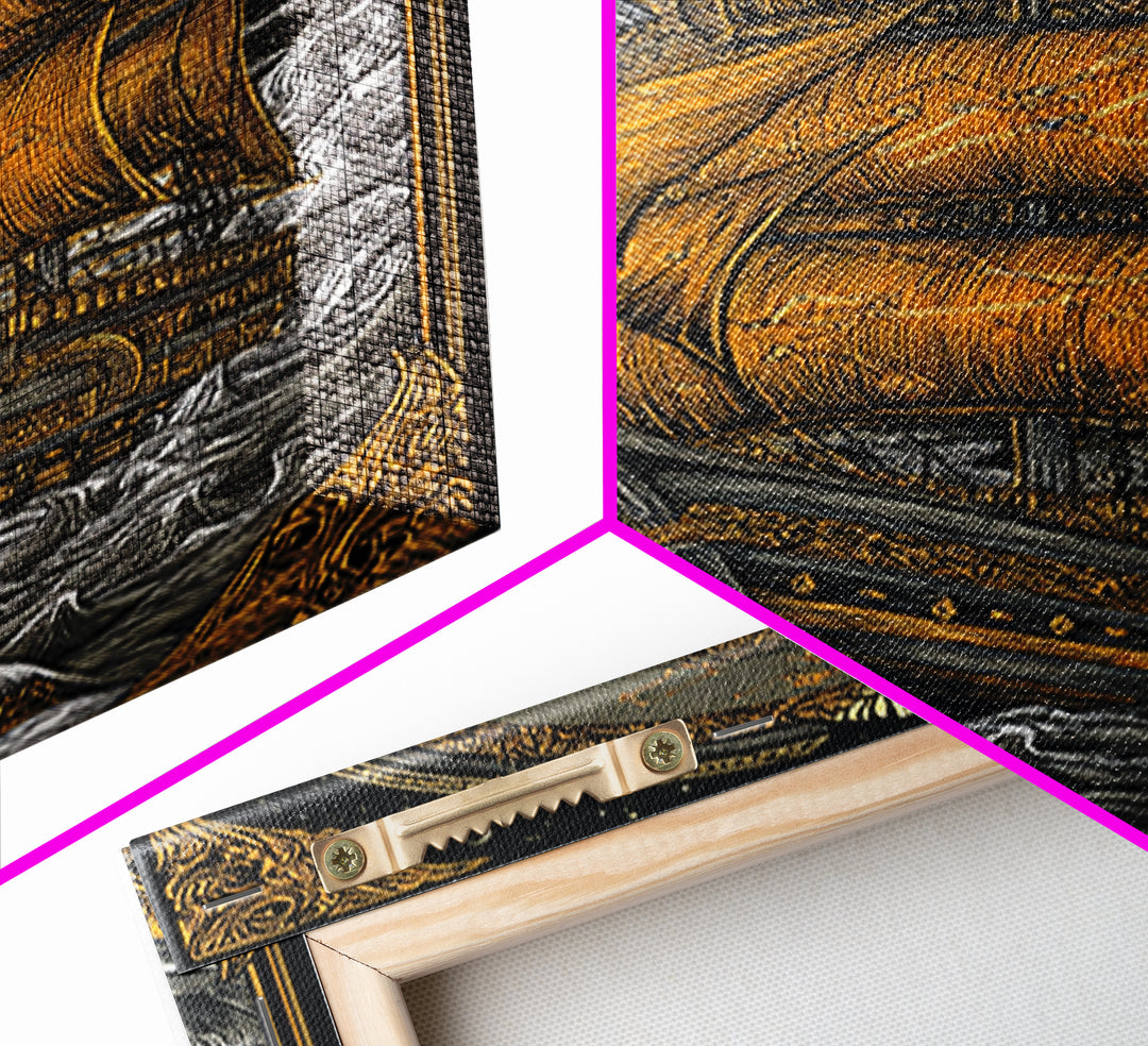 Mythical Sailing Ship Artwork, Celestial Constellation Sea Voyage Wall Art, Canvas Gold Canvas Print, Real Wood Frame Decor