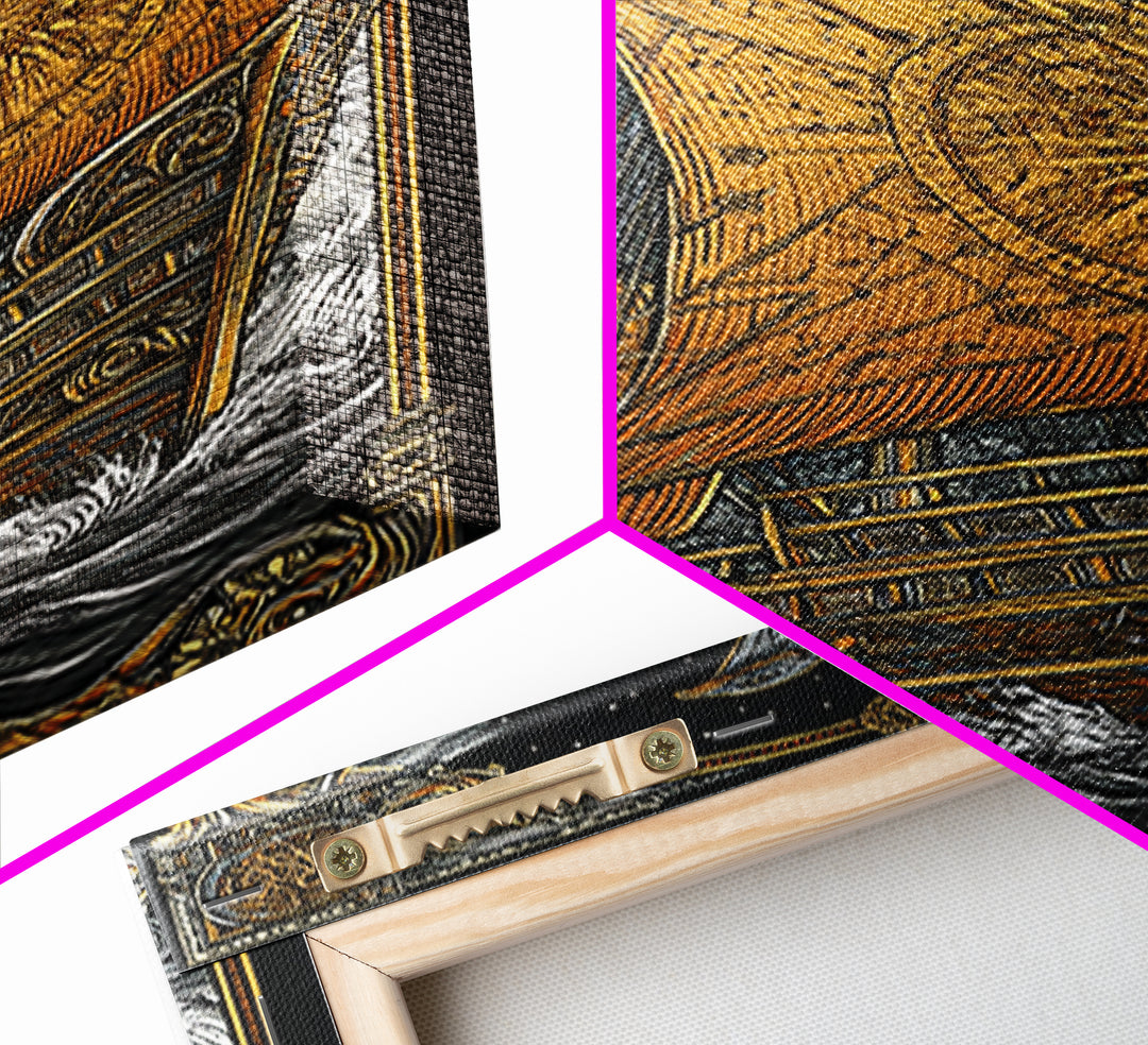 Ancient Ship Artwork, Nautical Journey With Bird Symbol Wall Art, Mythical Celestial Voyage, Canvas Gold Canvas Print, Real Wood Frame