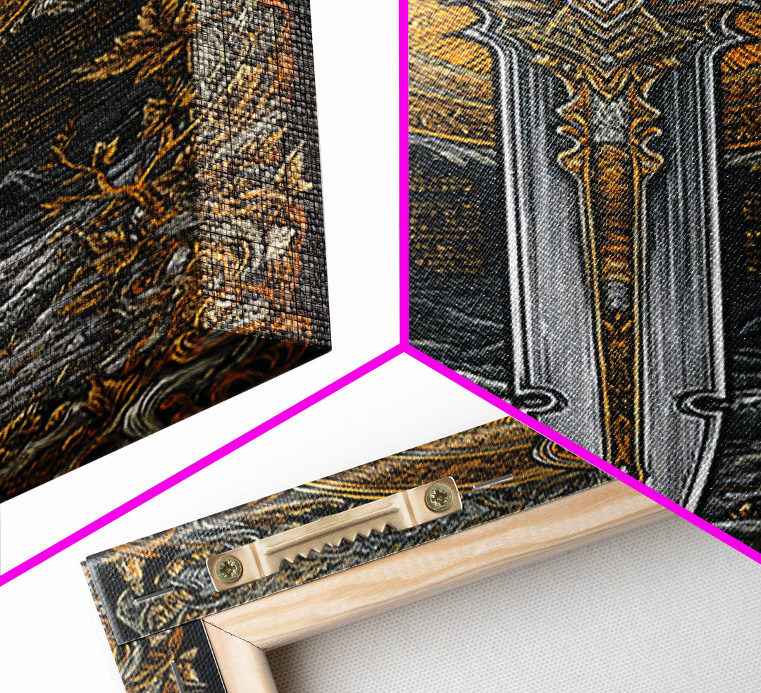 Mythical Sword Artwork, Celestial Blade And Sun Symbol Wall Art, Ornate Weapon Design, Ancient Inspired Decor, Canvas Gold Canvas Print, Real Wood Frame