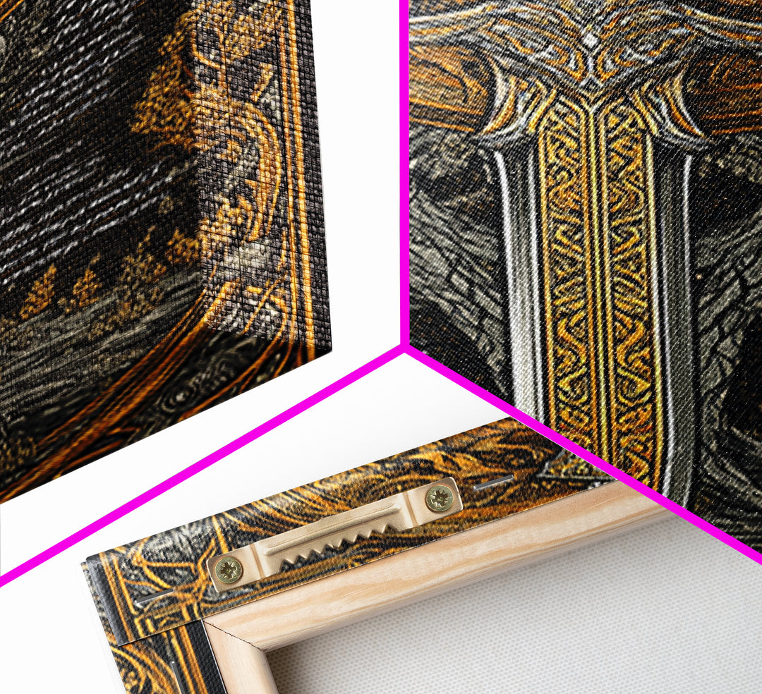 Celestial Sword Artwork, Mythical Blade Surrounded By Ornate Sun Symbol, Ancient Weapon Design, Canvas Gold Canvas Print, Real Wood Frame