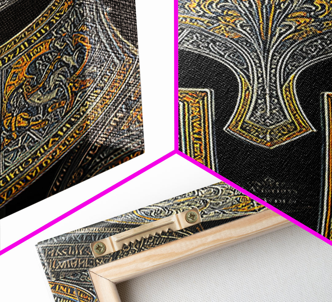 Floral Engraved Ancient Warrior Helmet Design – Canvas Gold Art, Classic Canvas Art in Real Wood Frame, Greek History Wall Decor