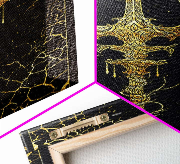 Ornate Trident Artwork, Mystical Sea God Weapon Symbol Wall Art, Ancient Nautical Decor, Mythical Design, Canvas Gold Canvas Print, Real Wood Frame