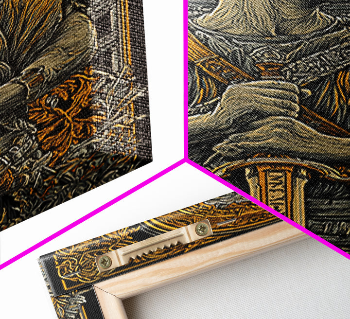 Canvas Gold Art, Roman Warrior Wall Print, Mythology Inspired Decor, Real Wood Frame, Ancient Empire Hero Artwork