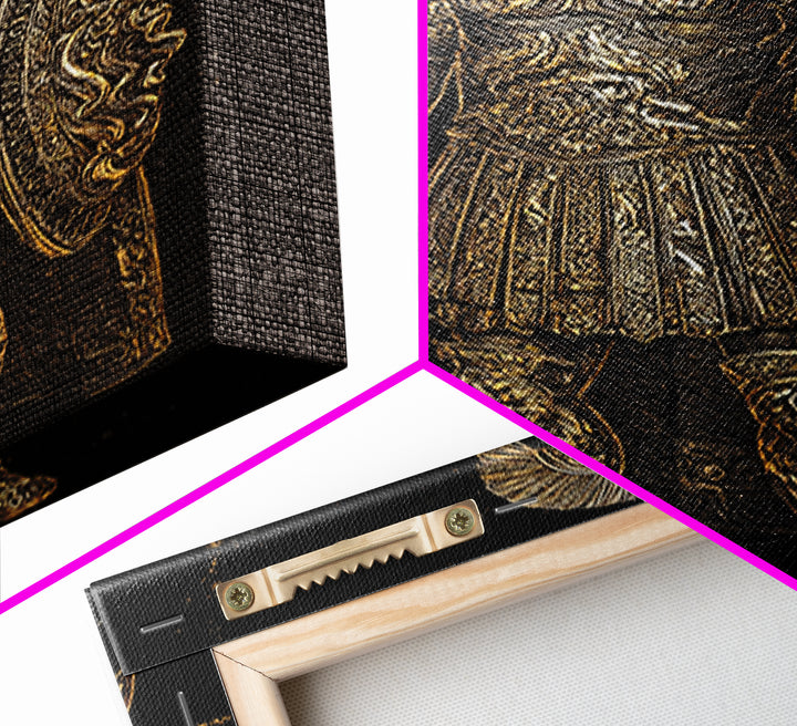 Roman Soldier With Lion Shield, Canvas Gold Canvas Print, Gladiator Wall Art, Mythology Decor, Real Wood Frame Artwork