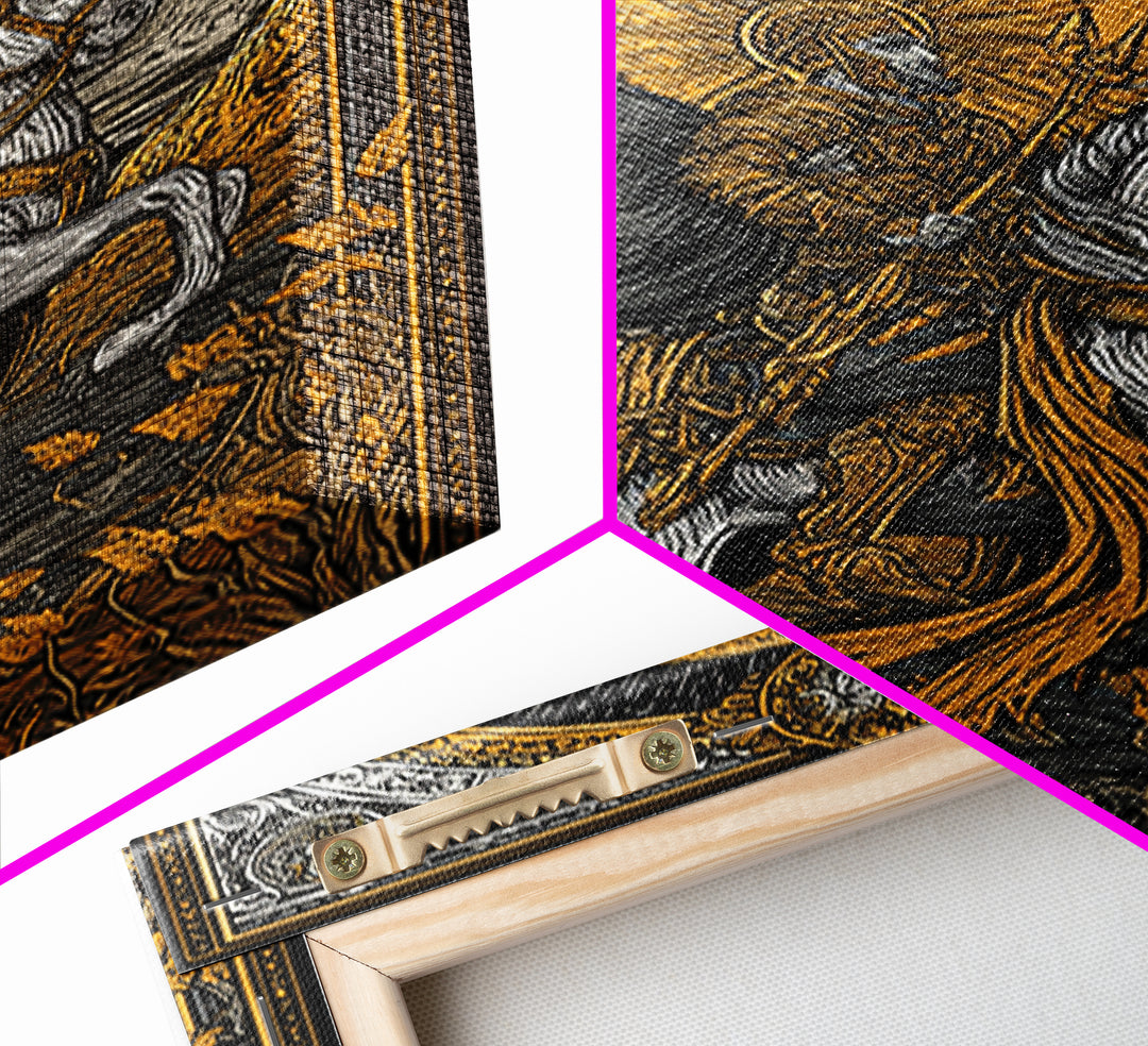 Knight On Horseback With Sun, Canvas Gold Canvas Print, Mythology Wall Art, Ancient Decor, Real Wood Frame Battle Artwork