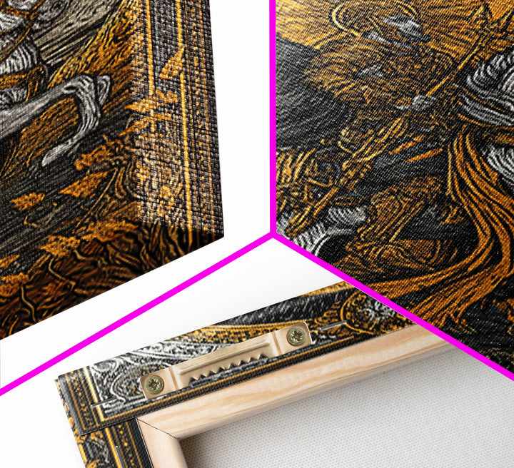 Knight On Horseback With Sun, Canvas Gold Canvas Print, Mythology Wall Art, Ancient Decor, Real Wood Frame Battle Artwork