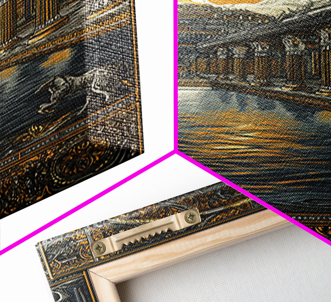 Ancient Temple Columns And Sun, Canvas Gold Canvas Print, Mythical Architecture Wall Art, Real Wood Framed Artwork