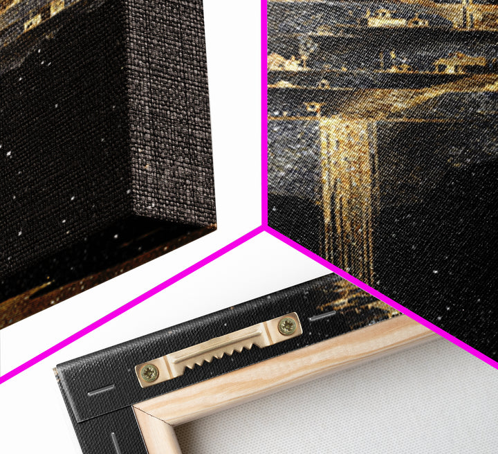 Floating Cosmic City Of Light, Canvas Gold Canvas Print, Fantasy Architecture Wall Art, Real Wood Framed Home Decor