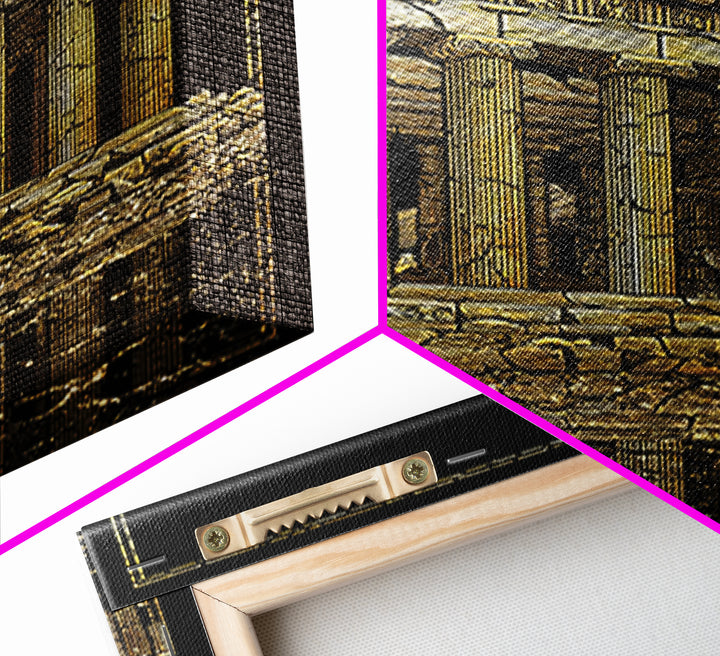 Ancient Ruins On Water Reflection, Canvas Gold Canvas Print, Classical Greek Architecture Wall Art, Real Wood Framed Art