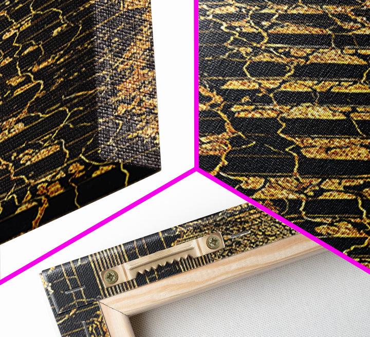 Cracked Marble Golden Stairway, Canvas Gold Art, Mythical Abstract Architecture Artwork, Real Wood Framed Wall Decor