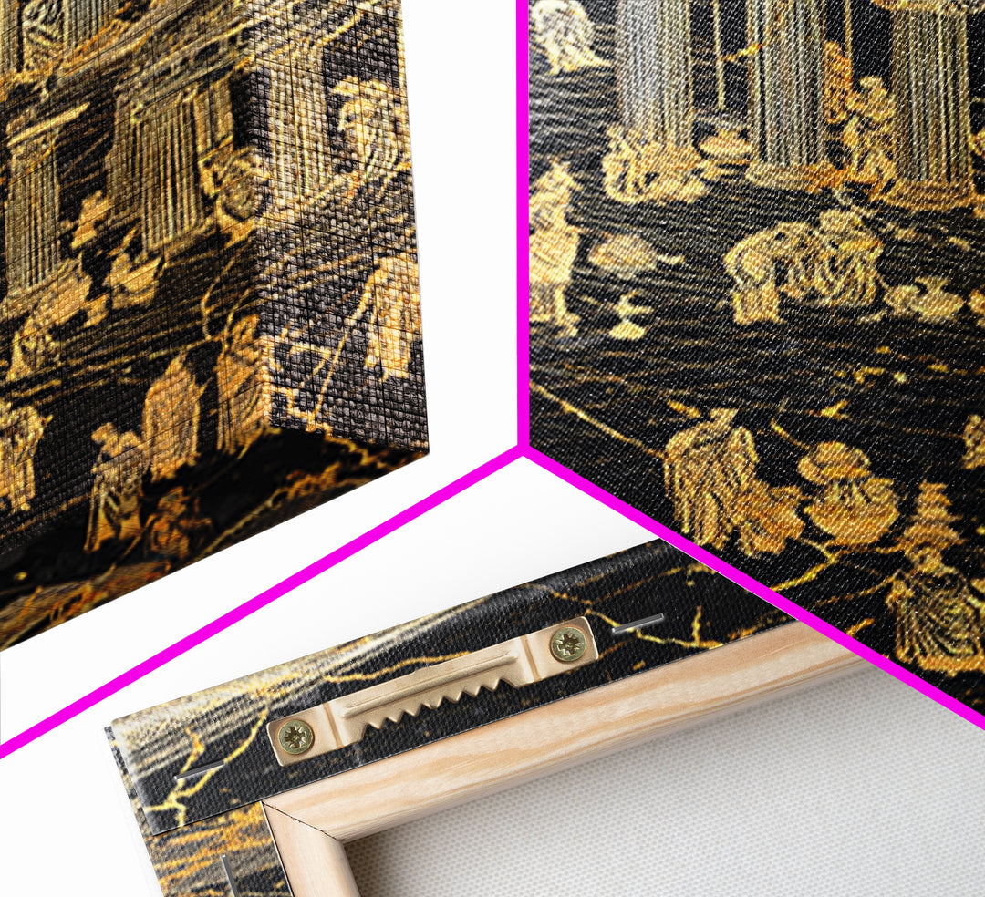 Ancient Marketplace With Temples, Canvas Gold Canvas Print, Classical Greek Architecture Wall Art, Real Wood Framed Decor
