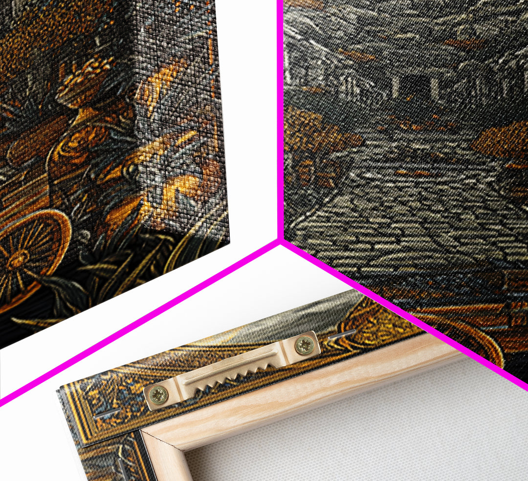 Ancient Courtyard With Columns And Citrus Trees, Canvas Gold Canvas Print, Mythical Garden Wall Art, Real Wood Framed Decor