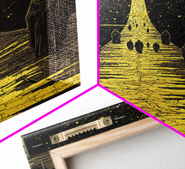 Celestial Path Of Golden Light, Canvas Gold Art, Mystical Night Sky Fantasy Print, Real Wood Framed Wall Artwork