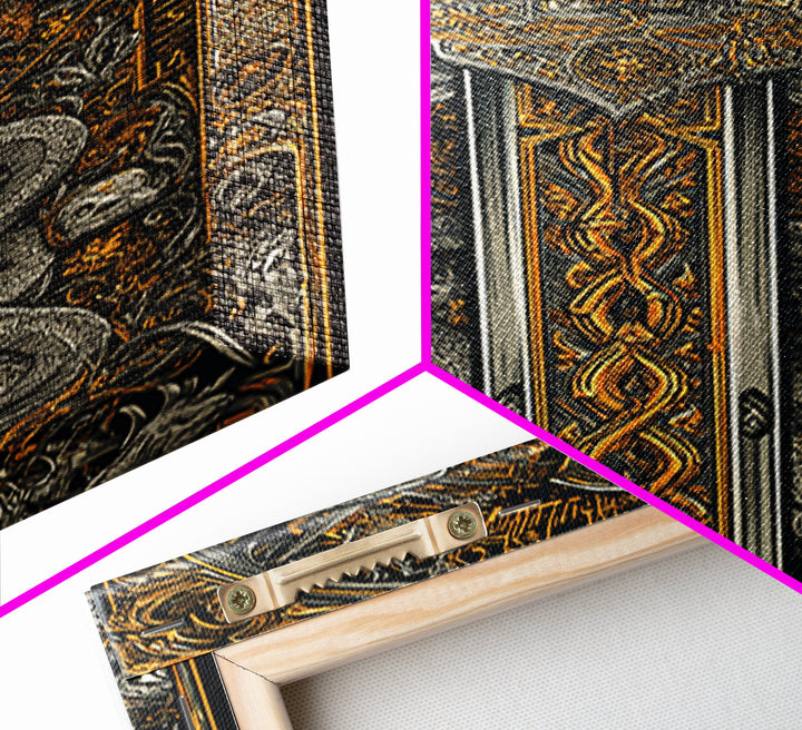 Ornate Sword With Serpents And Wings, Canvas Gold Canvas Print, Medieval Fantasy Wall Art, Real Wood Framed Artwork