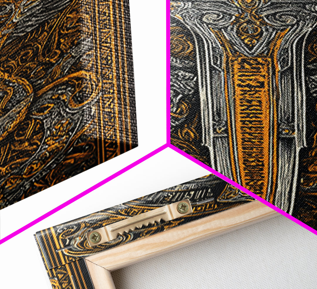 Winged Sword Surrounded By Dragons, Canvas Gold Art, Medieval Fantasy Canvas Print, Real Wood Framed Mythical Decor