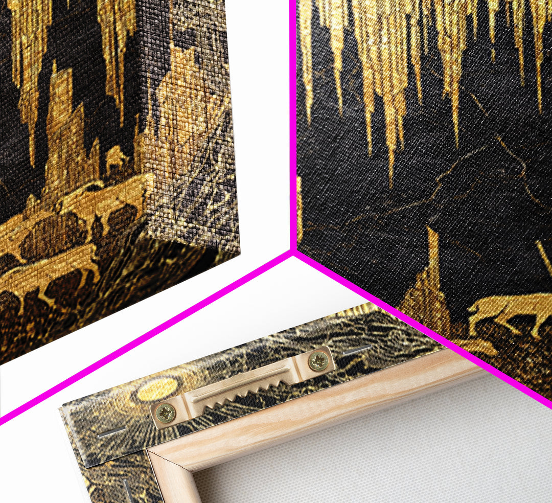 Golden Cave With Mountain Goats, Canvas Gold Canvas Print, Mythical Nature Landscape Art, Real Wood Framed Wall Decor