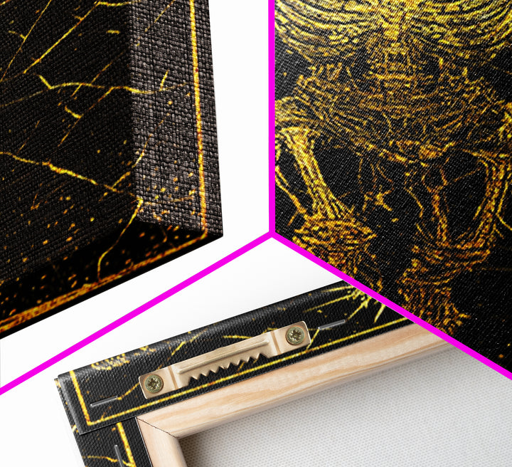 Golden Skeleton With Radiant Crown, Canvas Gold Art, Mythical Dark Fantasy Wall Print, Real Wood Framed Decor