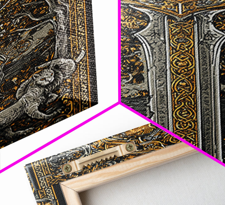 Sword With Lion And Ram Guardians, Canvas Gold Canvas Print, Mythical Medieval Wall Art, Real Wood Framed Fantasy Decor