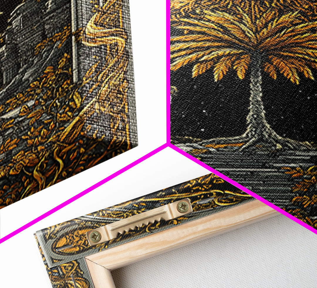 Golden Sun And Palm Canvas Gold Canvas Print, Mythical Ruins Wall Art, Real Wood Frame Ancient Greece Decor