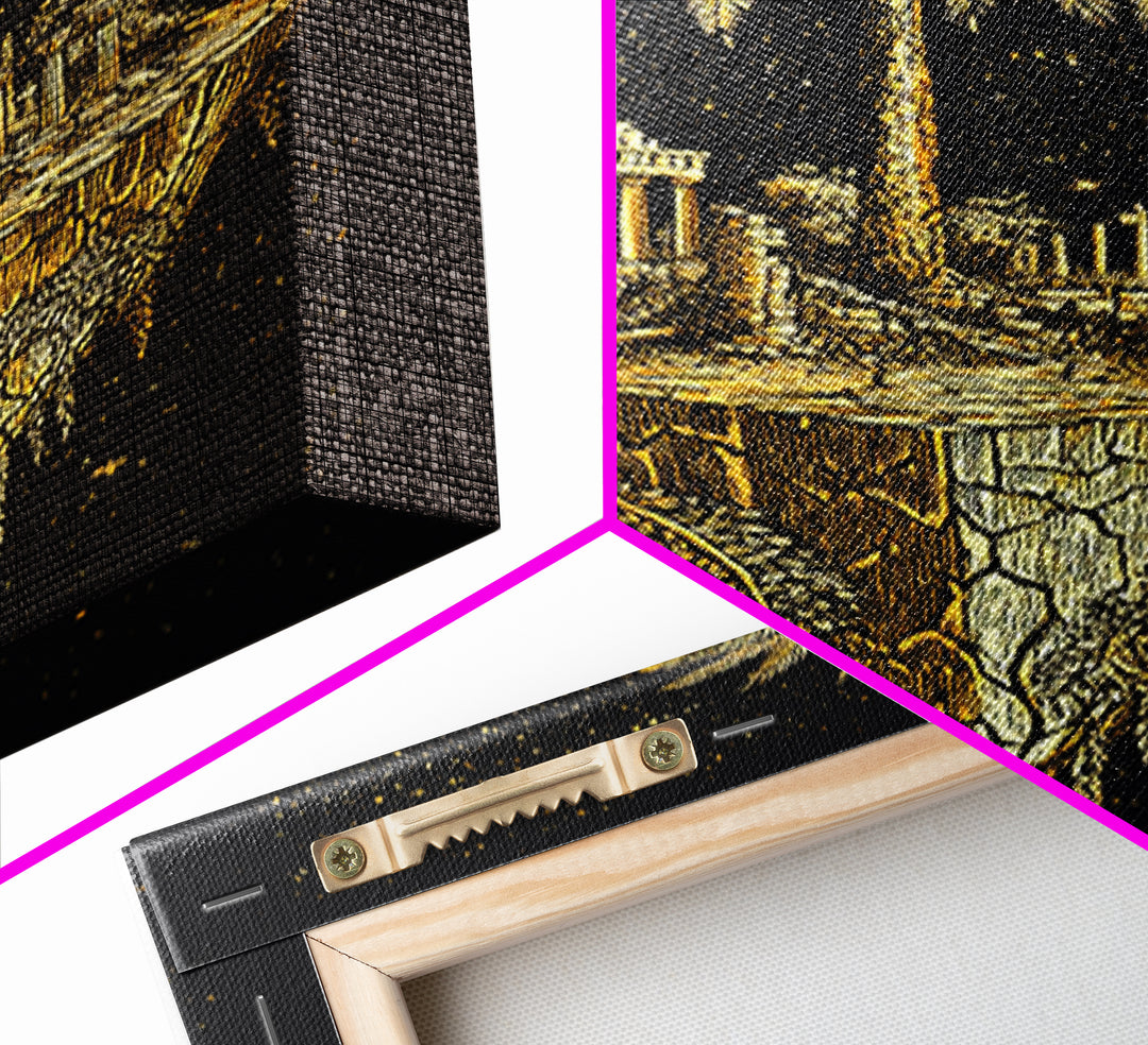 Floating Island Ruins Canvas Gold Art, Ancient Greek Temple Canvas Print, Real Wood Frame Mythology Decor