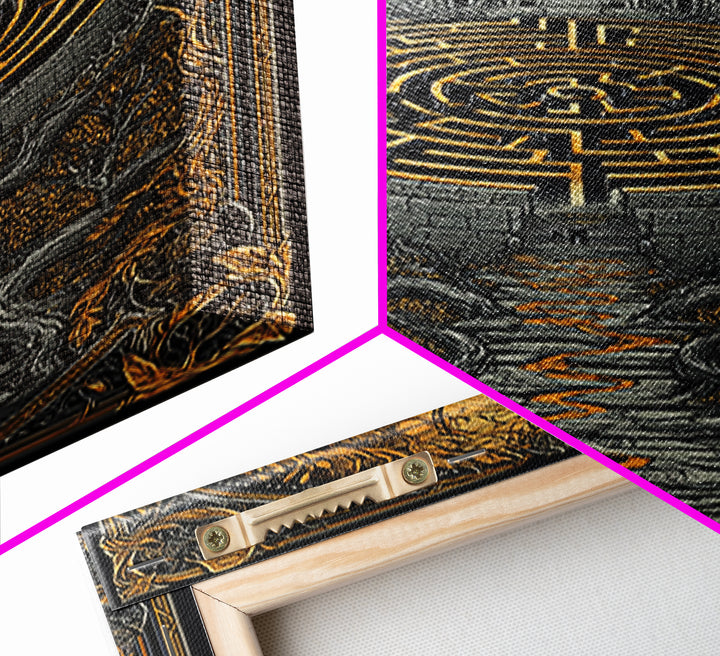 Labyrinth Path Canvas Gold Canvas Print, Ancient Maze Wall Art, Real Wood Frame Mythology Inspired Decor