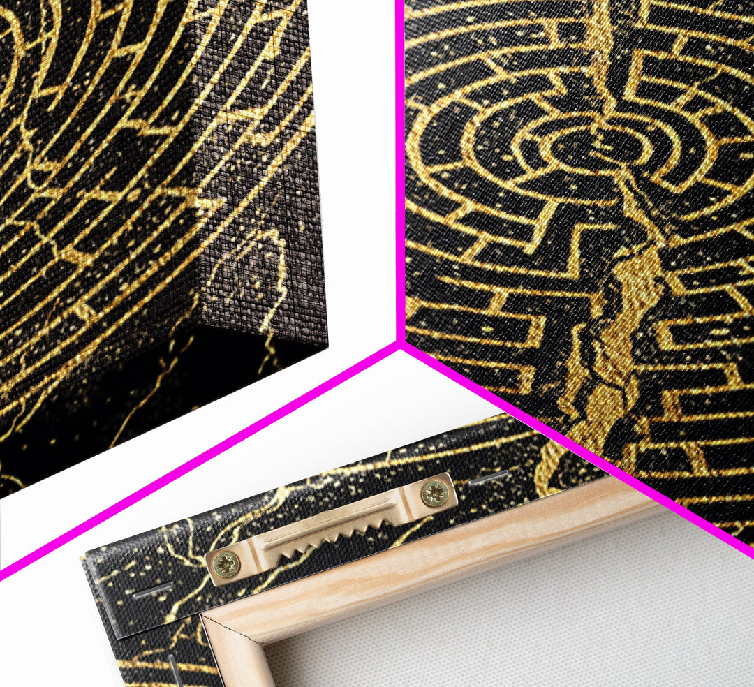 Circular Labyrinth Canvas Gold Art, Ancient Greek Maze Canvas Print, Real Wood Frame Mythology Wall Decor