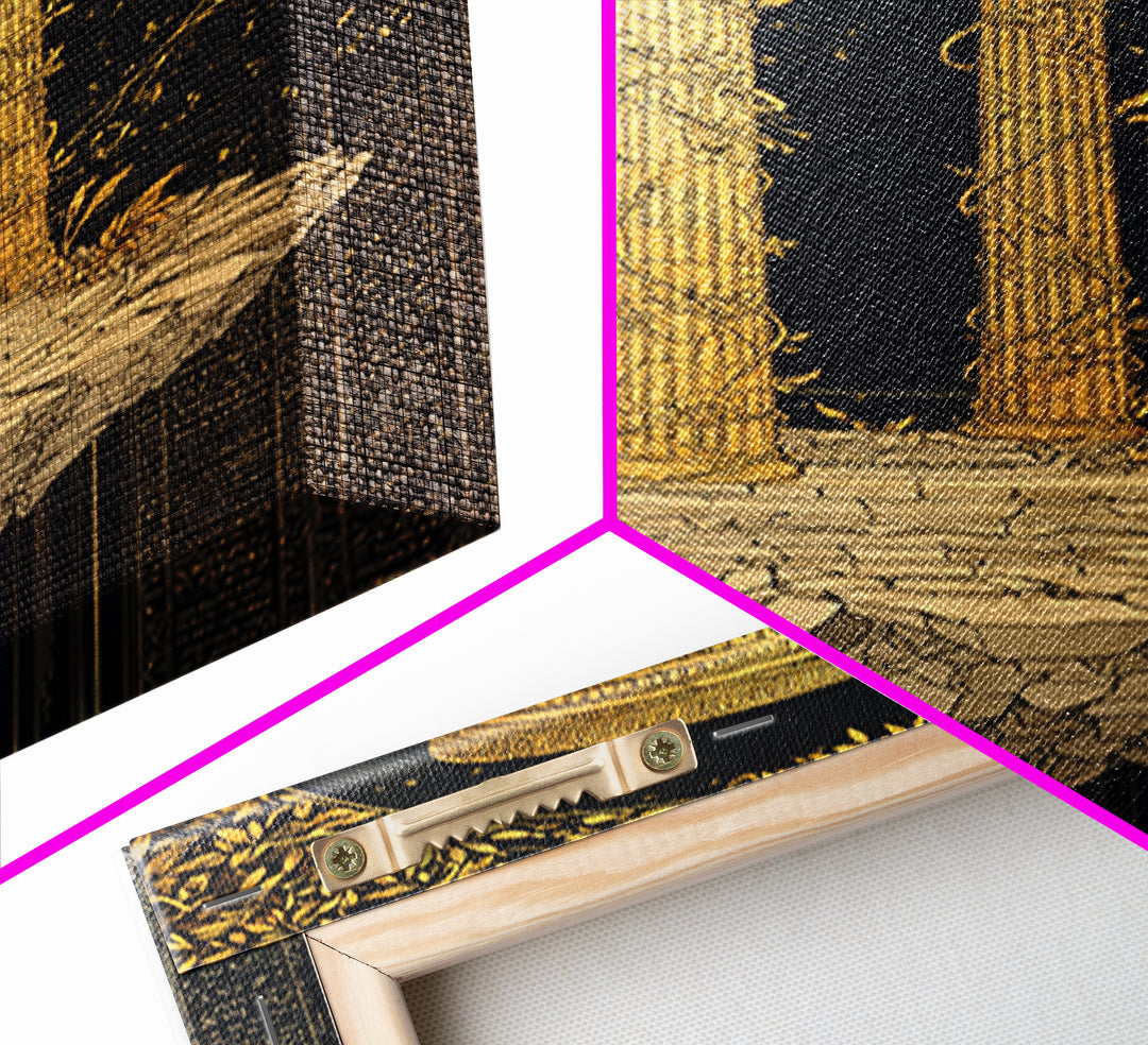 Floating Temple Canvas Gold Canvas Print, Classical Architecture Art, Real Wood Frame Ancient Greece Decor