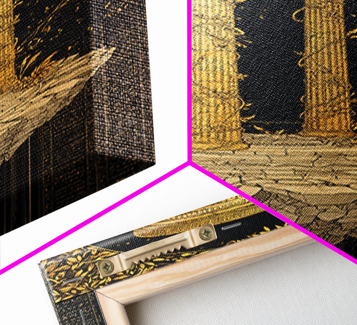 Floating Temple Canvas Gold Canvas Print, Classical Architecture Art, Real Wood Frame Ancient Greece Decor