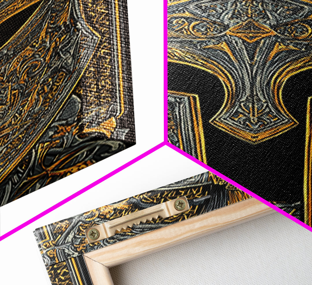 Runic-Inspired Spartan Helmet in Regal Filigree – Canvas Gold Art, Real Wood Framed Canvas Art, Ancient Warrior Wall Feature