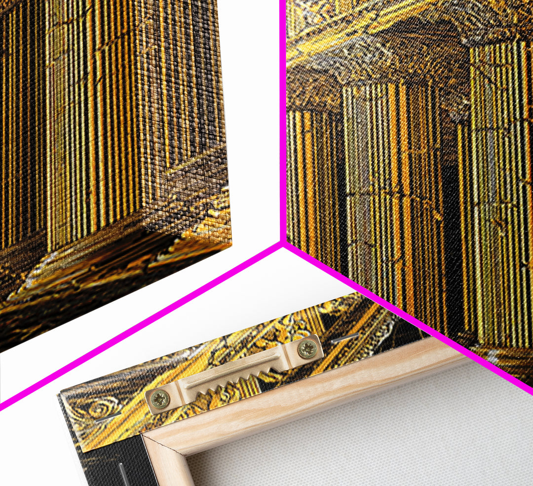 Ancient Parthenon Columns Canvas Gold Art, Classical Ruins Wall Decor, Real Wood Frame Canvas Print Decor