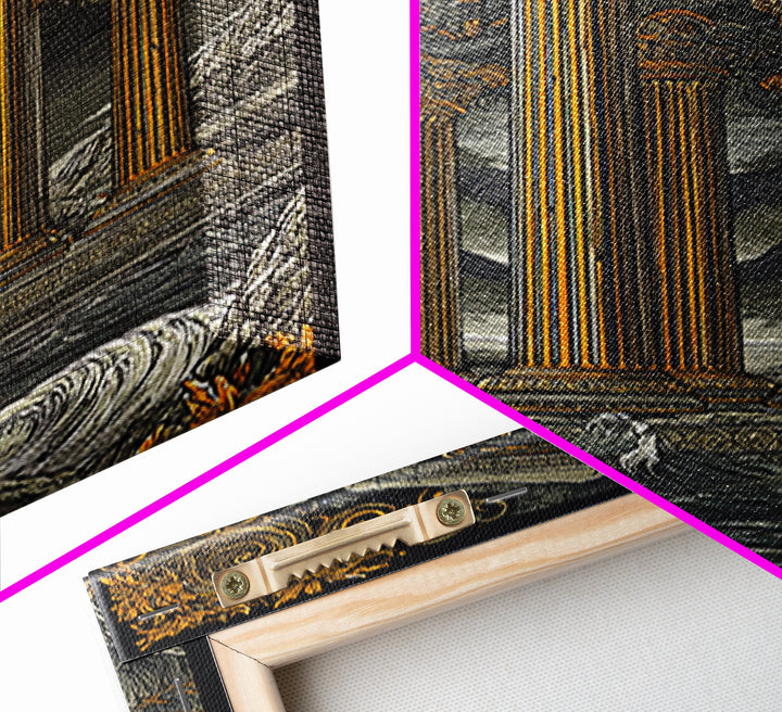 Temple Of The Gods, Mythological Architecture, Canvas Gold Canvas Print, Real Wood Frame Wall Art