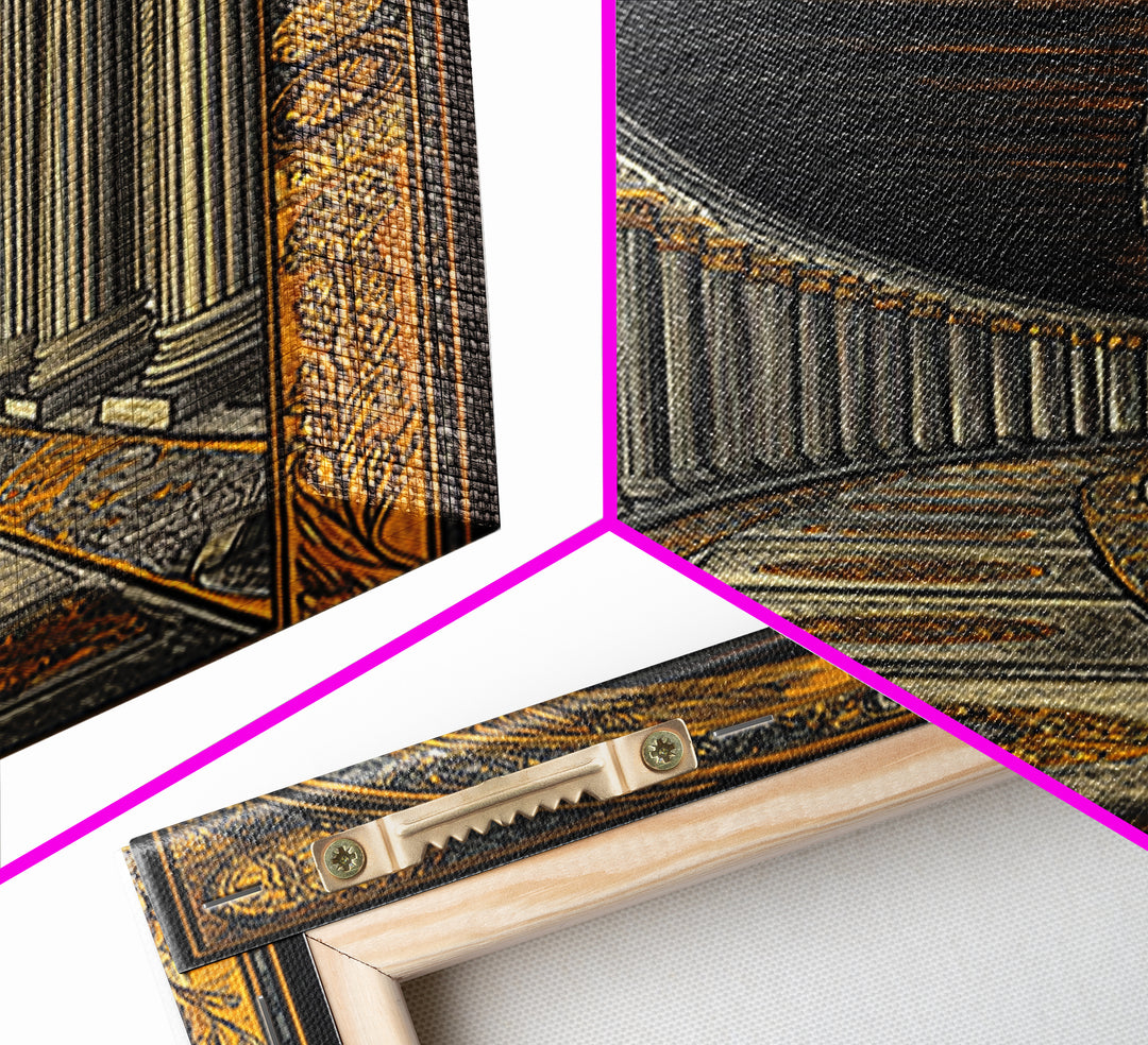 Endless Colonnade, Ancient Architecture Corridor, Canvas Gold Canvas Print, Real Wood Frame Wall Art