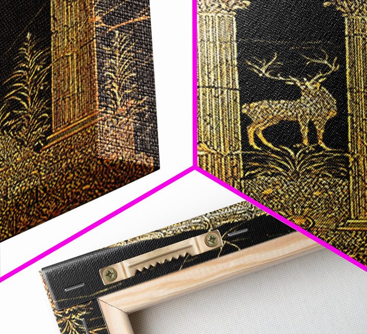 Stag At The Temple, Mythic Nature Scene, Canvas Gold Canvas Print, Real Wood Frame Wall Art