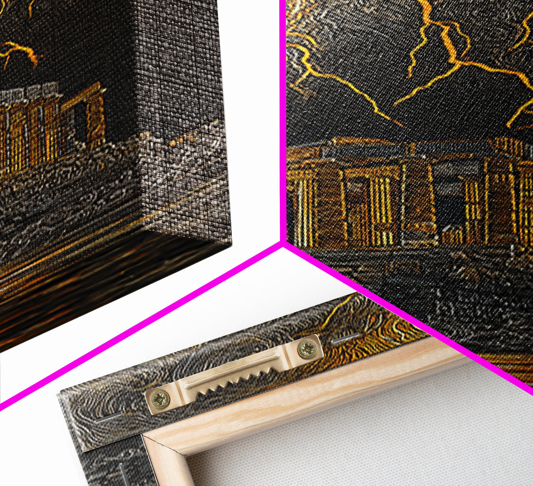 Parthenon With Lightning Storm, Dramatic Greek Myth Wall Art, Canvas Gold Canvas Print, Ancient Decor, Wood Frame