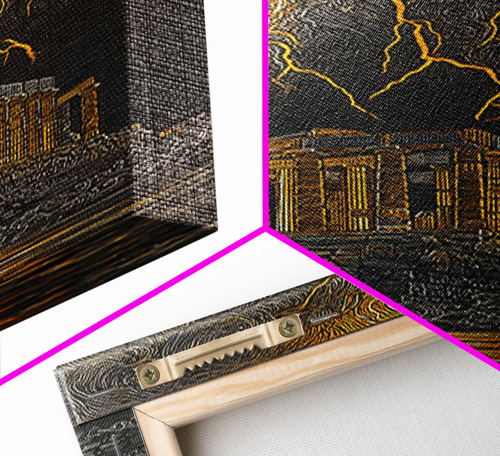 Parthenon With Lightning Storm, Dramatic Greek Myth Wall Art, Canvas Gold Canvas Print, Ancient Decor, Wood Frame
