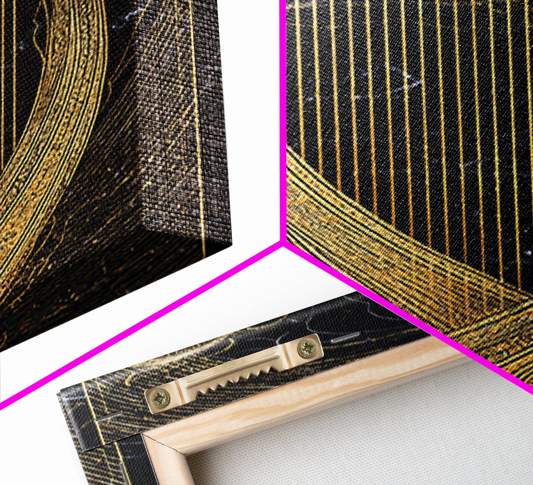Golden Harp on Marble with Ornamental Lines – Canvas Gold Art, Canvas Art in Real Wood Frame, Classical Music Instrument Decor
