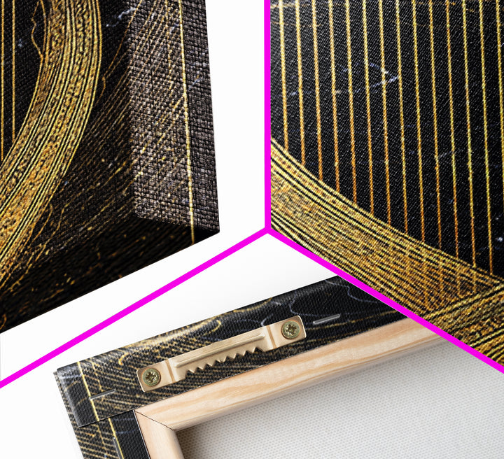 Golden Harp on Marble with Ornamental Lines – Canvas Gold Art, Canvas Art in Real Wood Frame, Classical Music Instrument Decor