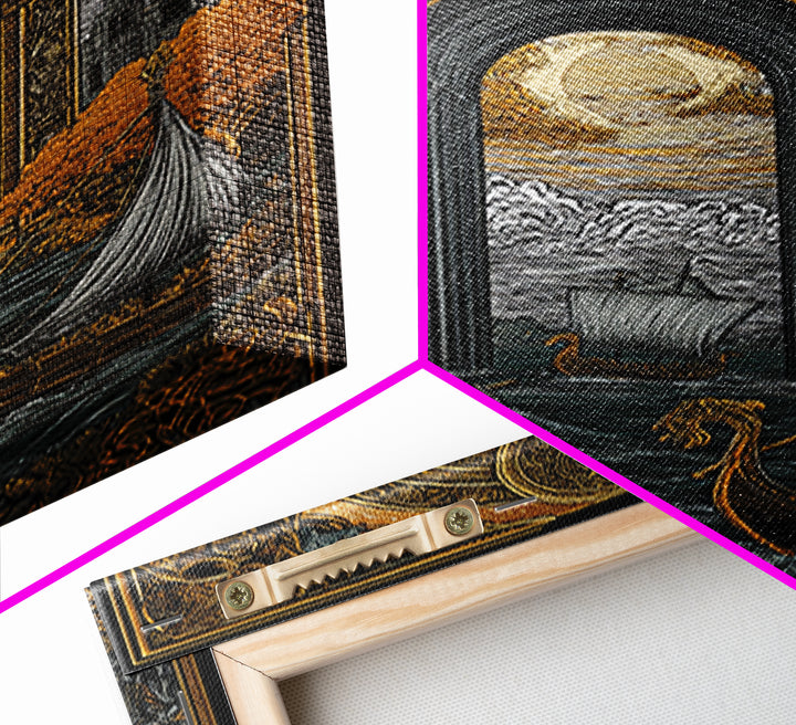 Viking Longships Through Mythic Gate – Canvas Gold Art, Epic Seafaring Canvas Art in Real Wood Frame, Norse Voyage Wall Print