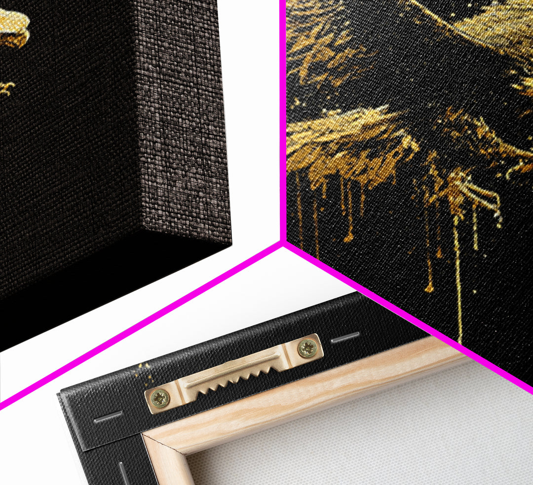 Flying Gold Splatter Eagle in Mid-Descent – Canvas Gold Art, Real Wood Framed Canvas Art, Dynamic Bird of Prey Wall Statement