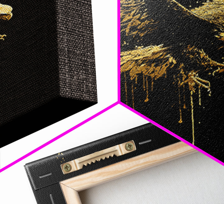 Flying Gold Splatter Eagle in Mid-Descent – Canvas Gold Art, Real Wood Framed Canvas Art, Dynamic Bird of Prey Wall Statement