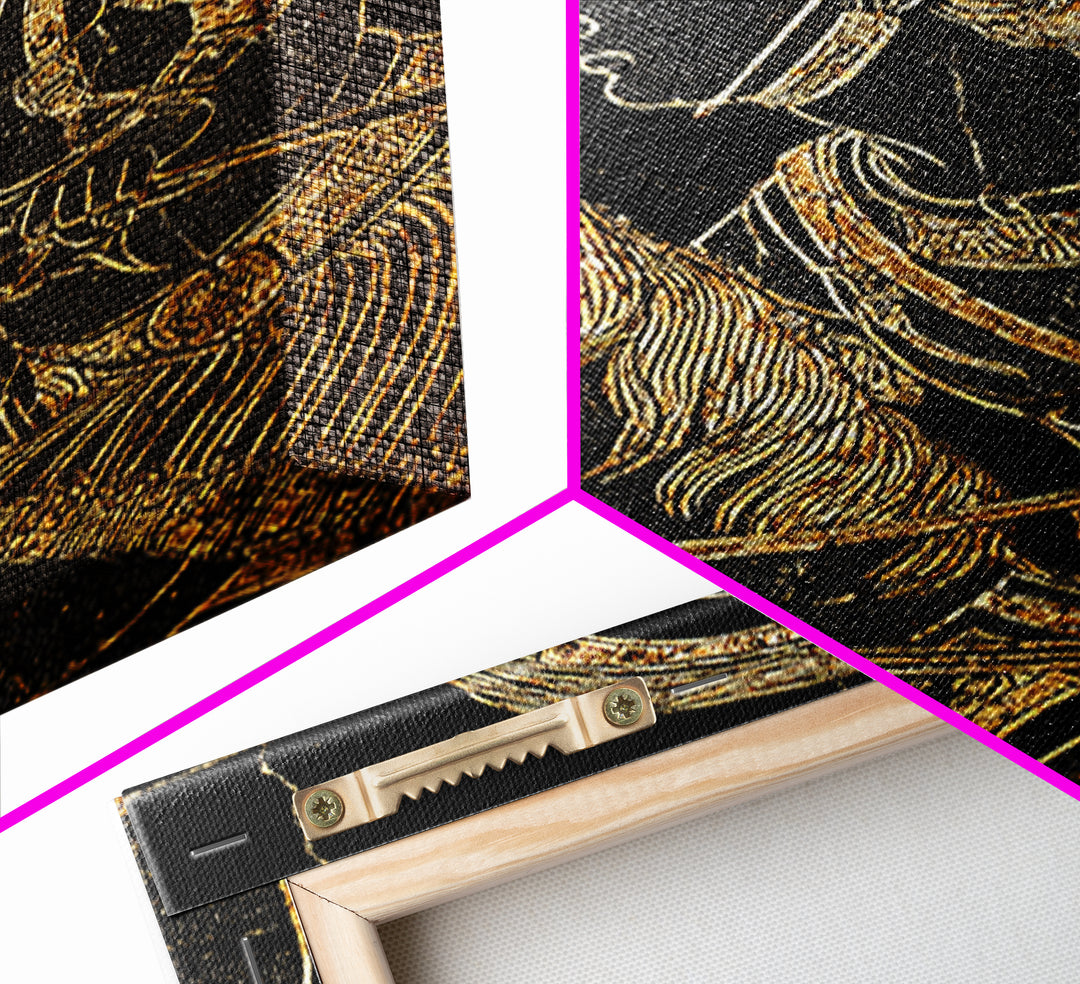 Ancient Greek Vase-Inspired Horseback Warrior – Canvas Gold Art, Classic Antiquity Linework Canvas Art, Mythic Wall Decor
