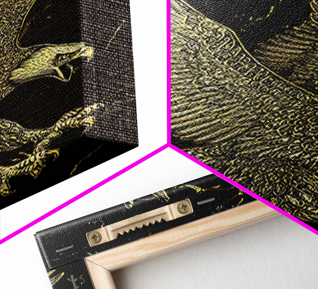 Detailed Golden Eagle with Spread Wings – Canvas Gold Art, Precision Linework Canvas Art in Real Wood Frame, Regal Animal Decor