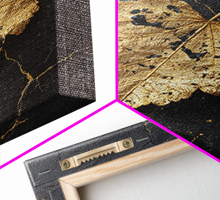 Gold Leaf on Black Marble Canvas Art, Canvas Gold Canvas Print, Framed Canvas Wall Art with Real Wood Frame, Minimalist Modern Decor