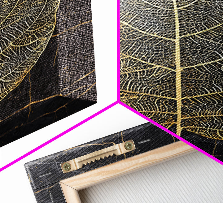 Skeleton Leaf Botanical Canvas Art, Canvas Gold Canvas Print, Framed Canvas Wall Art with Real Wood Frame, Black Marble Nature Decor