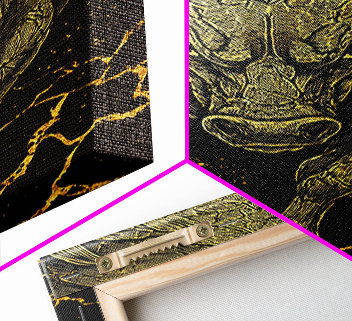 Charging Bull Canvas Gold Canvas Print, Framed Canvas Wall Art with Real Wood Frame, Dynamic Black and Gold Animal Decor