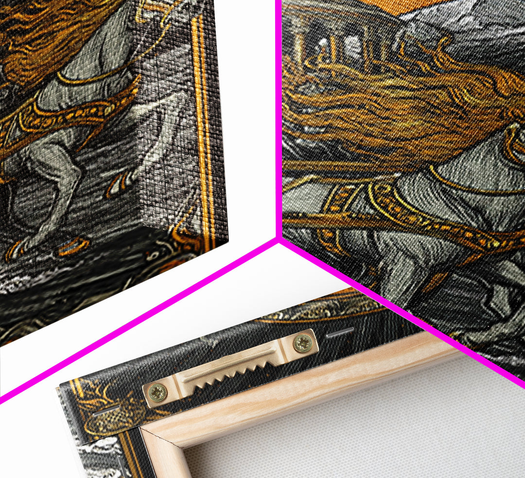 Sun Chariot Canvas Gold Canvas Print, Framed Canvas Wall Art with Real Wood Frame, Greek Myth Apollo Helios Horses Statement Decor